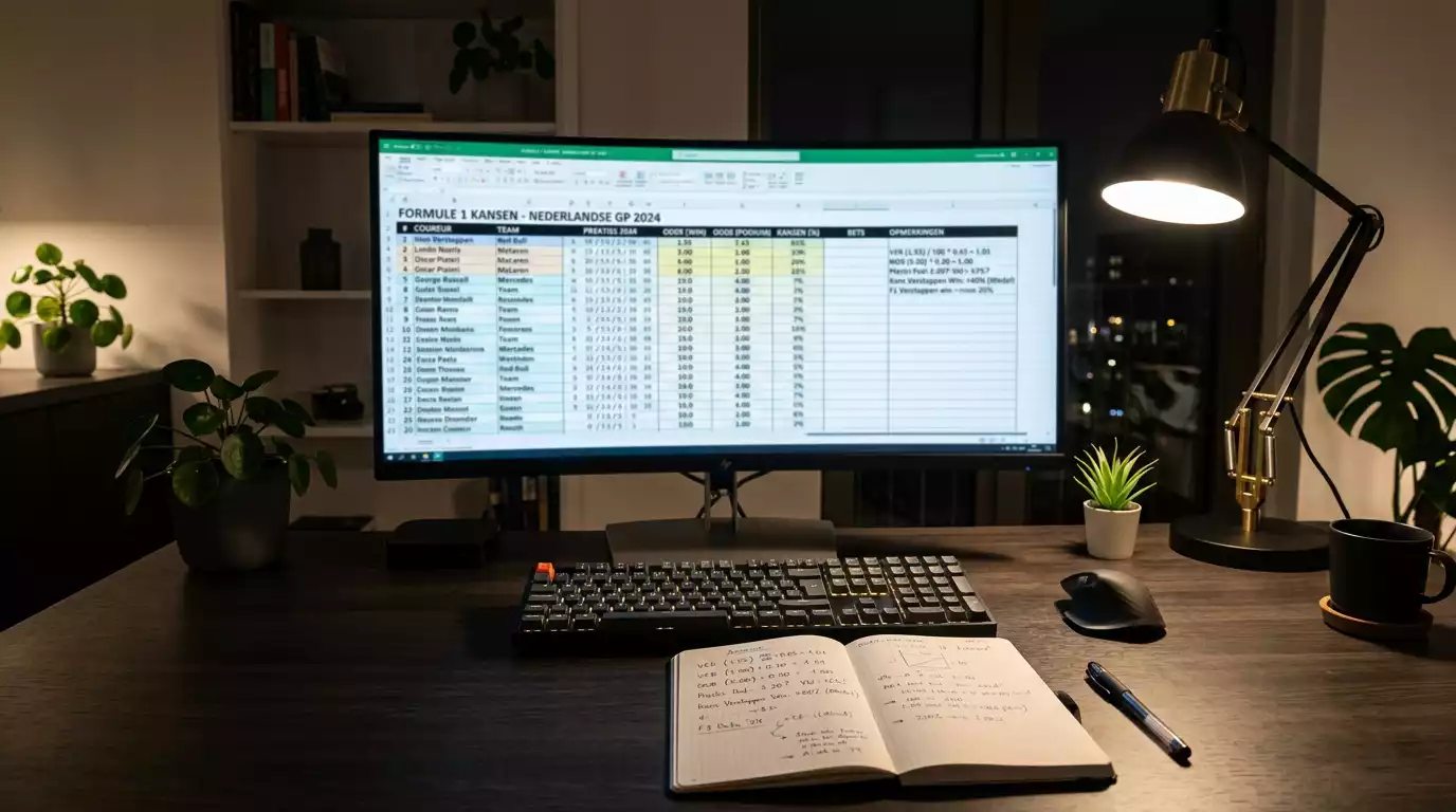 Computerscherm met decimale Formule 1 quoteringen en impliciete kansberekeningen