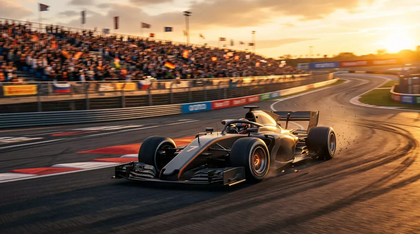 Formule 1 auto op het circuit onder dramatische verlichting tijdens een Grand Prix raceweekend