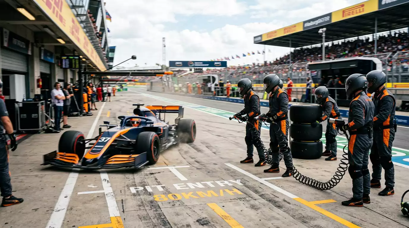 Formule 1 auto rijdt de pitstraat in tijdens een Grand Prix met monteurs klaar voor de pitstop